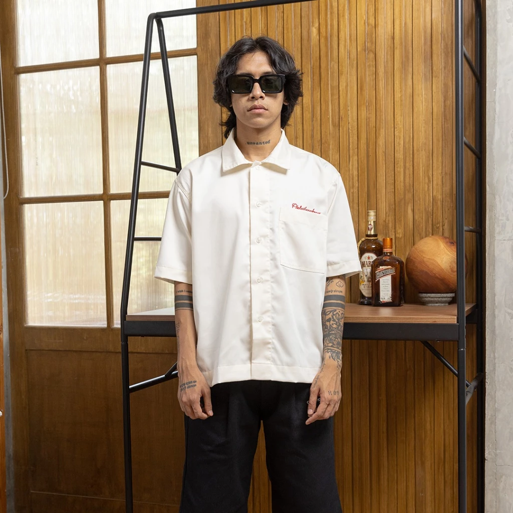 Onlyifyouknow - Broken White Boxy Shirt Embroidery Red Logo