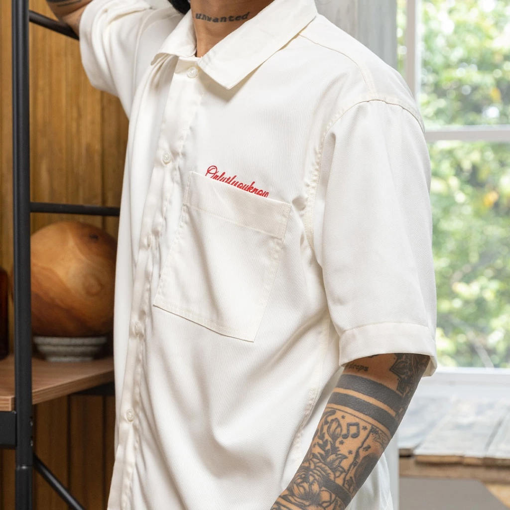 Onlyifyouknow - Broken White Boxy Shirt Embroidery Red Logo