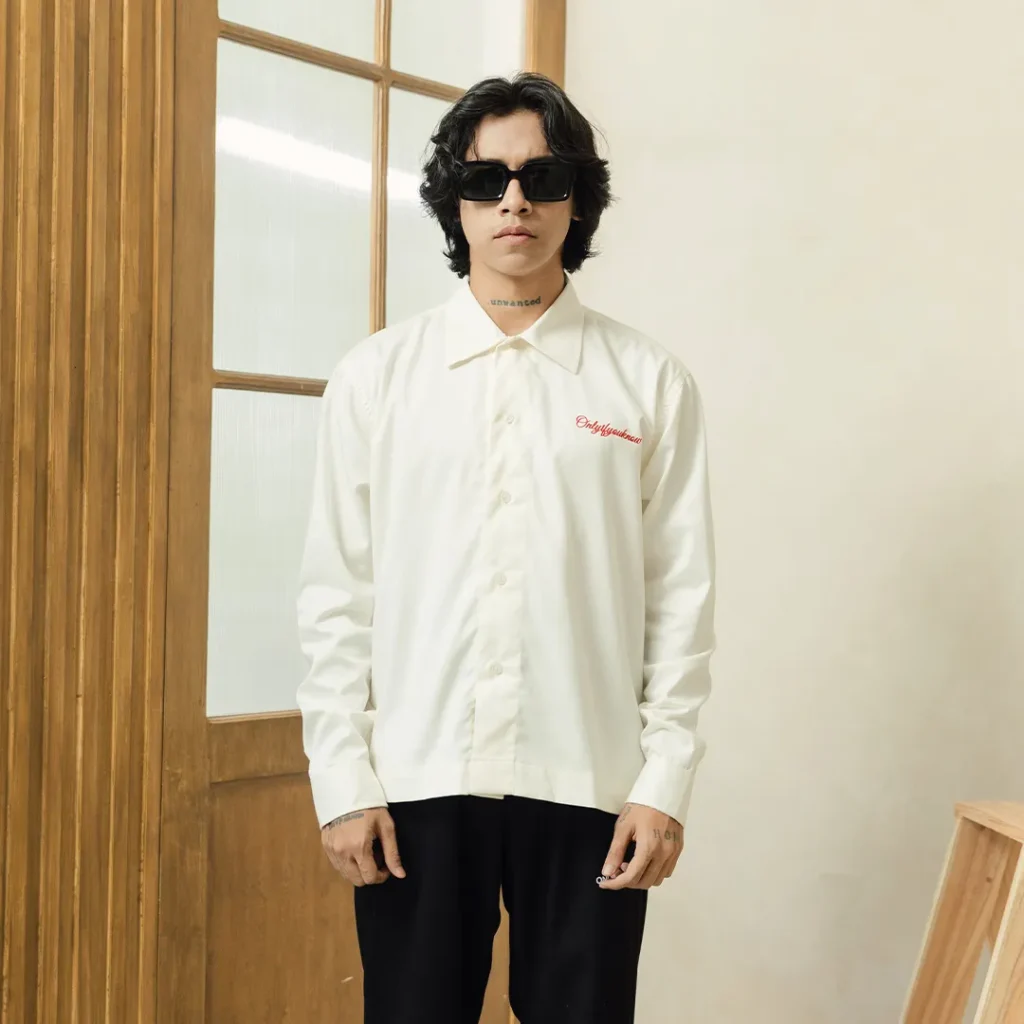 Onlyifyouknow - Broken White Boxy Shirt Long Sleeve Embroidery Red Logo