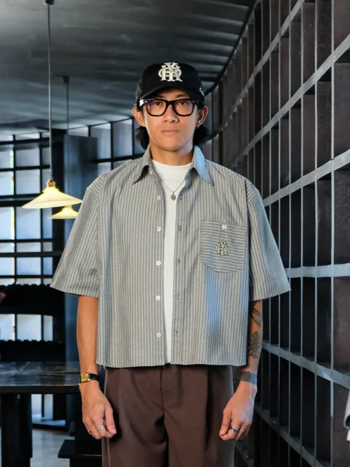 Cropped Gray Striped Shirt with Signature Broken White Emblem Embroidered