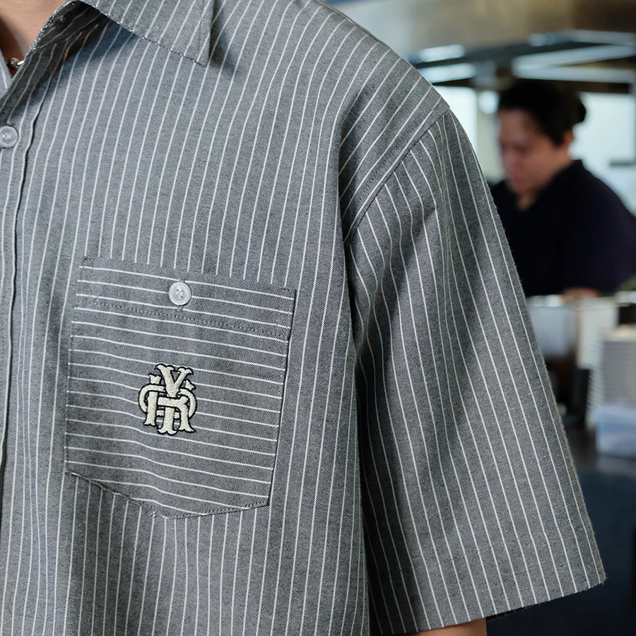 Cropped Gray Striped Shirt with Signature Broken White Emblem Embroidered
