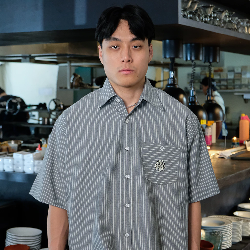 Cropped Gray Striped Shirt with Signature Broken White Emblem Embroidered