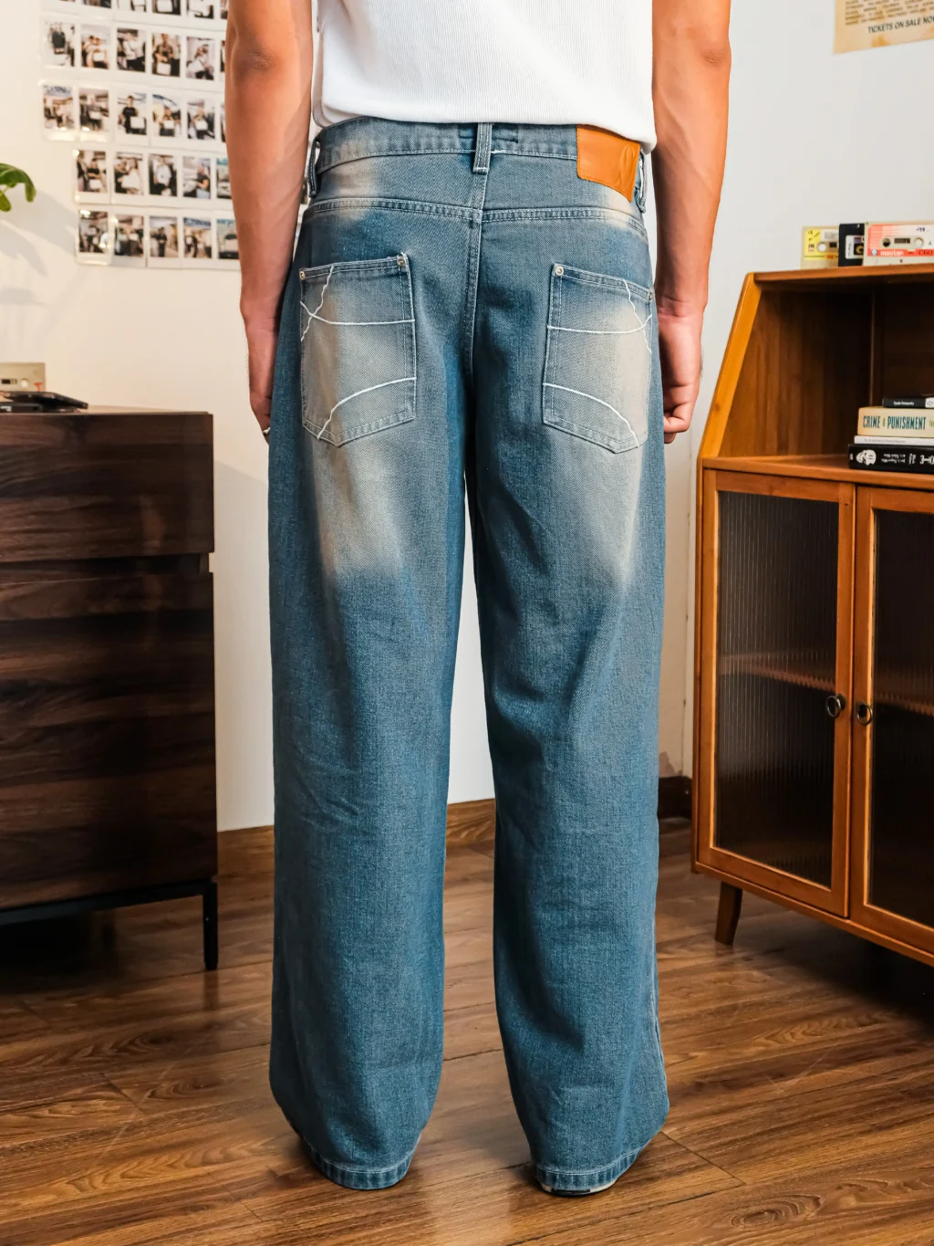 Wide Leg Denim Pants - Faded Blue Wash